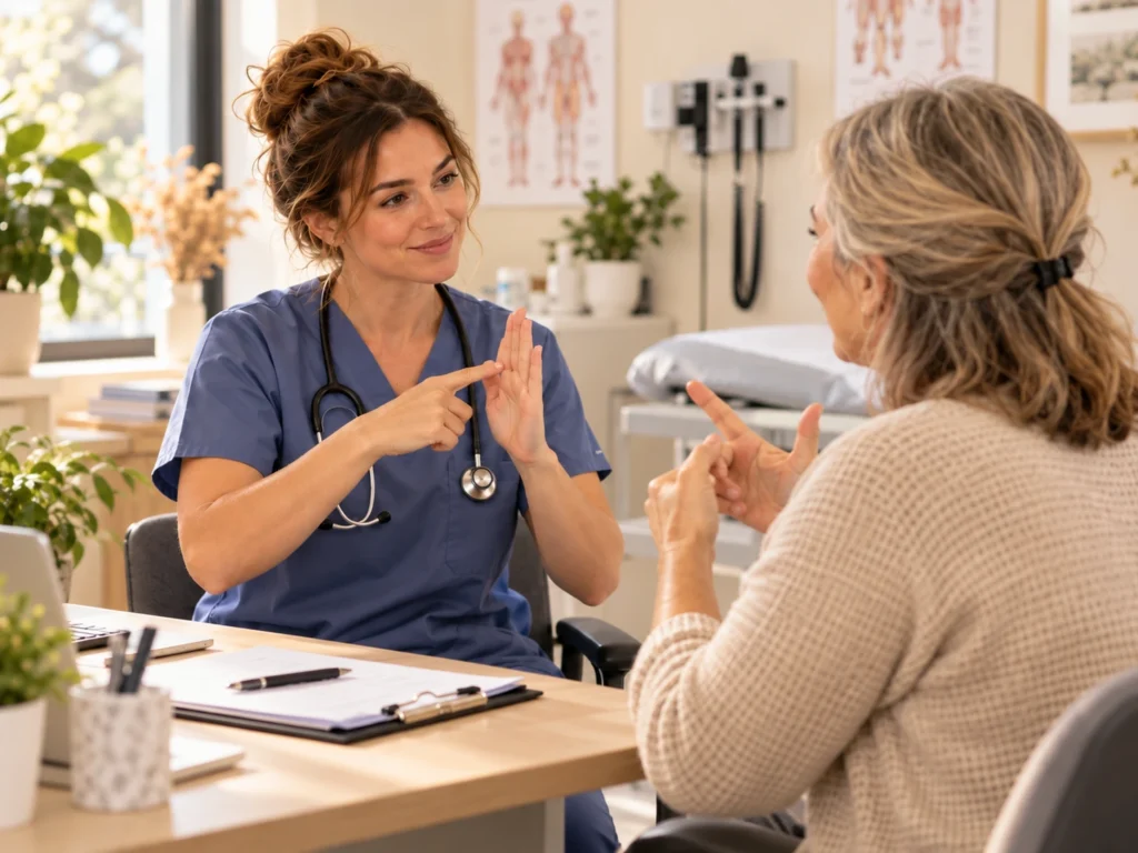 LSF en santé : soignante communiquant en langue des signes avec une patiente en consultation
