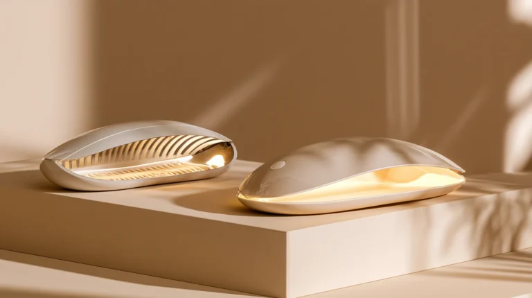 Deux lampes UV LED pour manucure et pose d’ongles, présentées côte à côte dans un décor beige minimaliste.