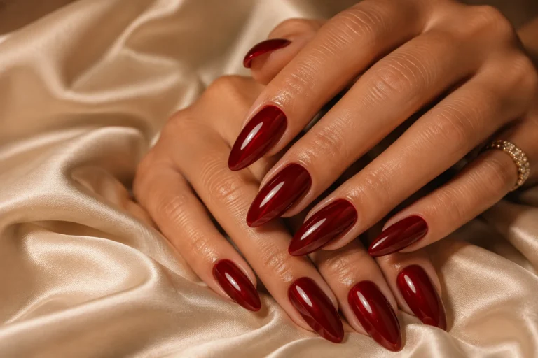 manucure rouge cerise paysage